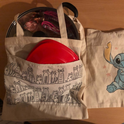 A photo of a sewn canvas shoulder bag containing a hotpot setup.