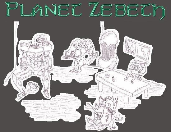 A hand drawing of Samus working on her suit, Ridley watching, Kabs resting at a table and Kraid running around