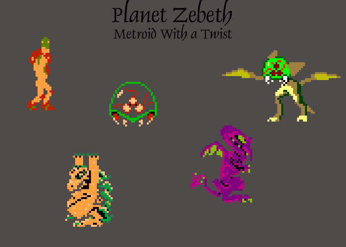 Samus, Kraid, a Metroid, Ridley, and Kabutroid dancing on screen. Their animations are just them flipping back and forth