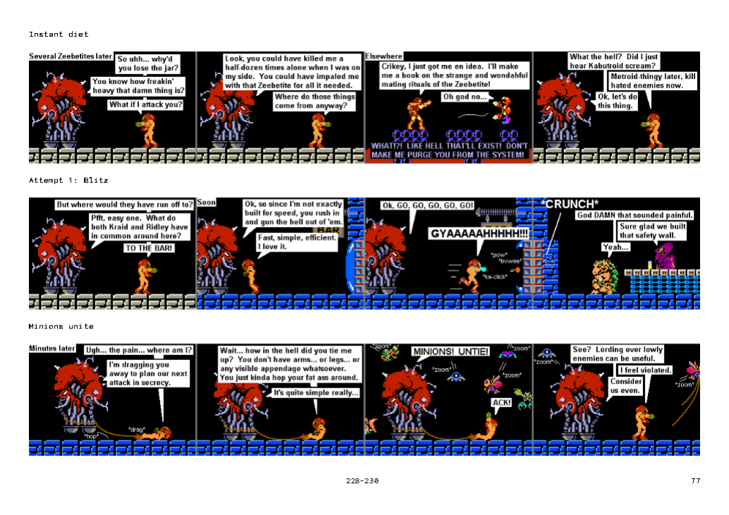 Page 77 from the printable Planet Zebeth comic strip, showing strips 228 to 230, which includes Samus talking to Mother Brain, Crocomire Hunter, Geruta, and Kabutroid's voice, Kraid and Ridley, and even some minions, a good selection of most of the characters in the comic.