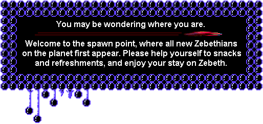 A letter which reads 'You may be wondering where you are. Welcome to the spawn point, where all new Zebethians on the planet first appear. Please help yourself to snacks and refreshments, and enjoy your stay on Zebeth'. On the letter is also a picture of Speedy the Metroid Herder, who when clicked, will take you to comic 146, when Speedy was first introduced to the comic, and clicking on the words spawn points spawns another new spawn point.