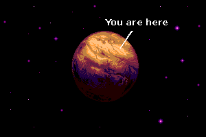 Image of planet, with line pointing to the upper right portion of it, saying You are here