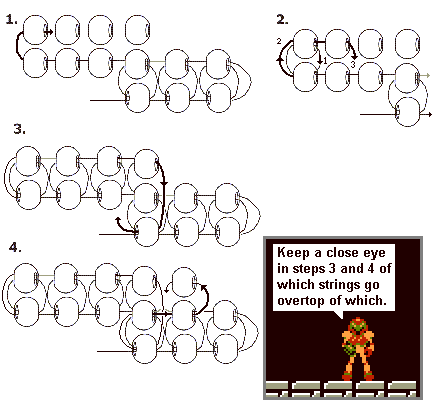 The next instruction set, showing how to handle when you're at the end of a row, but need to add more beads without having lower beads to connect them to. Samus is saying to keep a close eye in steps 3 and 4, regarding making sure the strings go over and under eachother in a way to hold it together.0