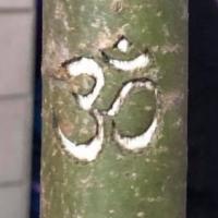 The Om symbol carved into a staff