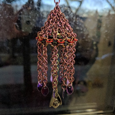 A purple dangling ornament