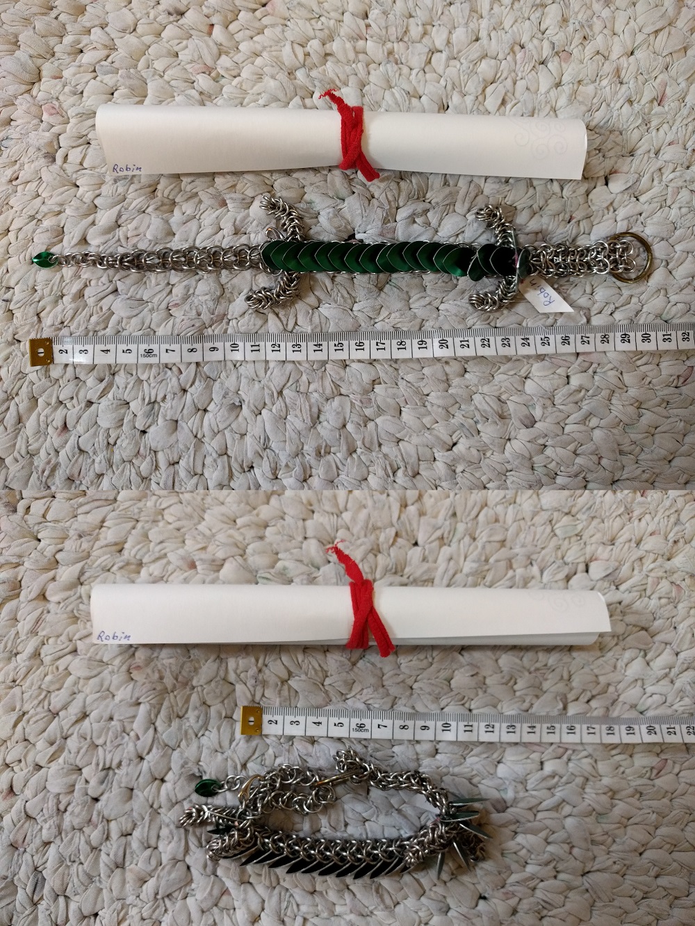 A two part image showing the length of a dragon beside a rolled up scroll, and a small measuring tape showing the dragon about 30 centimeters long outstretched, and about 10 centimeters looped. The dragon in this example is Robin.