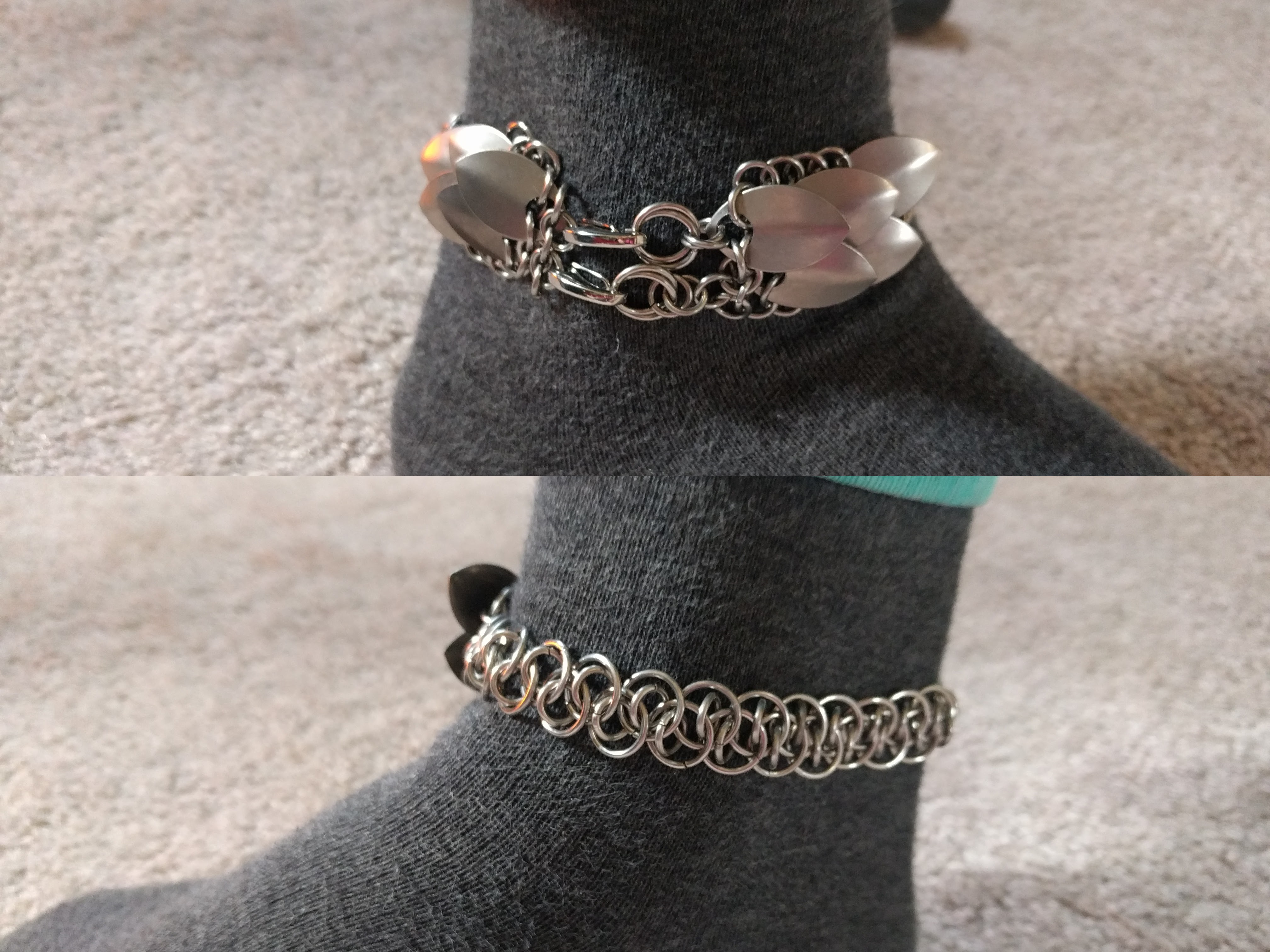 A shiny steel anklet with scales resembling wings