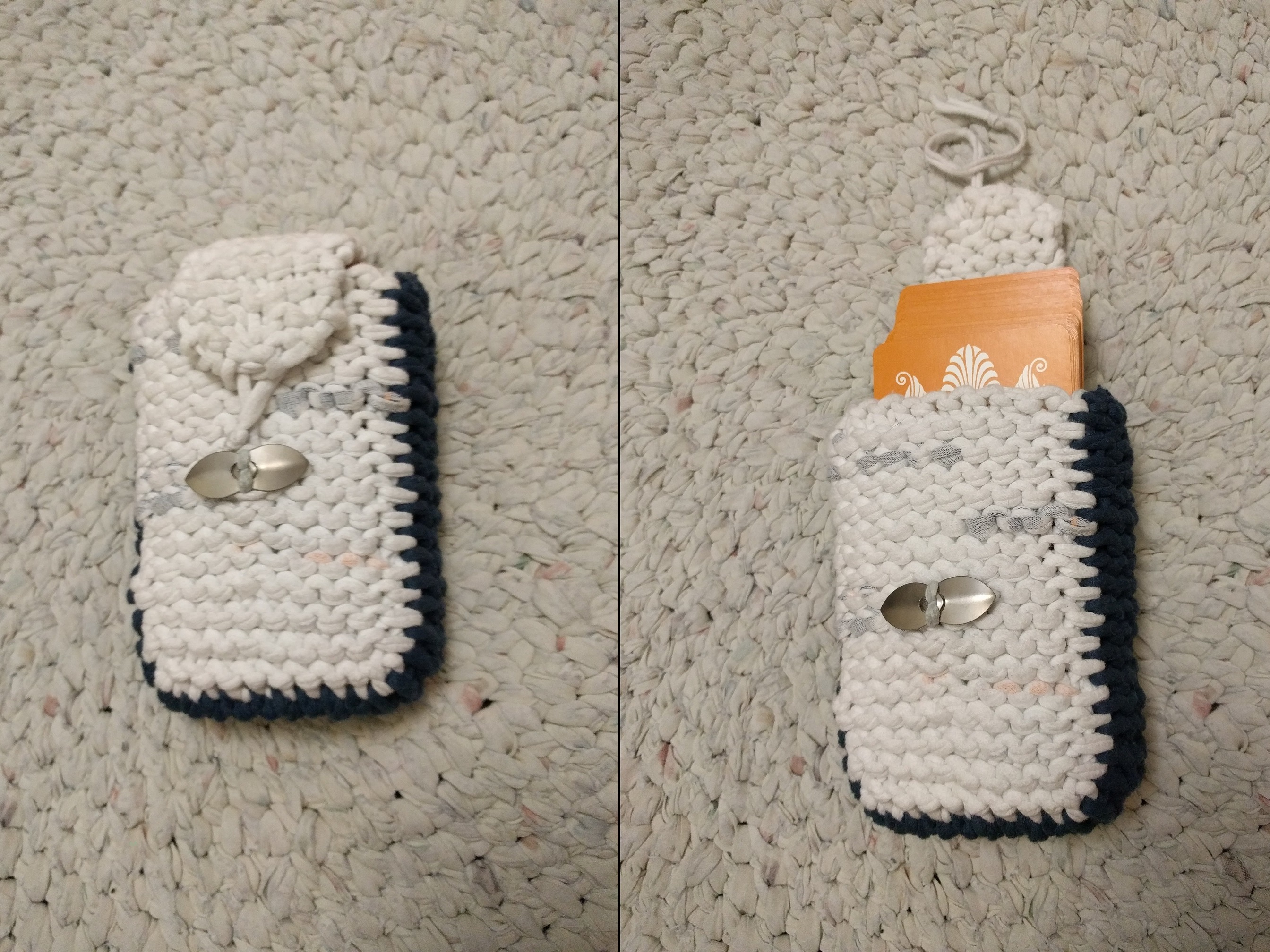 Two pics of the tarot cozy, one closed and one with orange cards sticking out