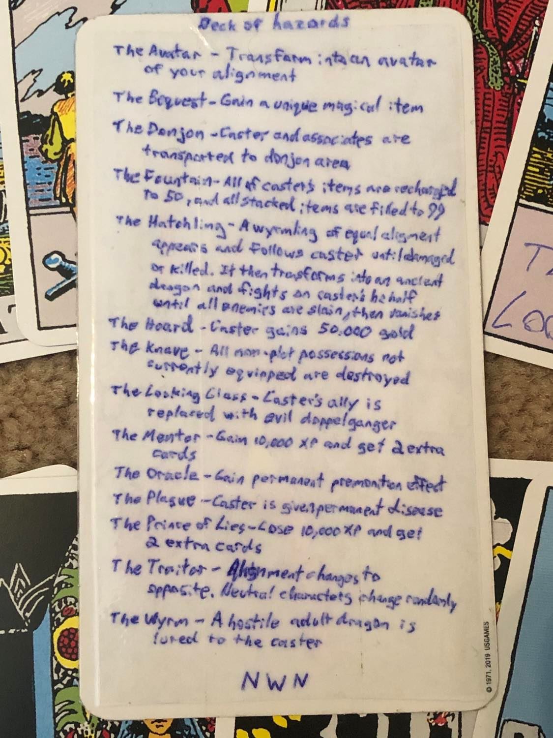 The card with the rules for the deck of hazards, written in blue pen