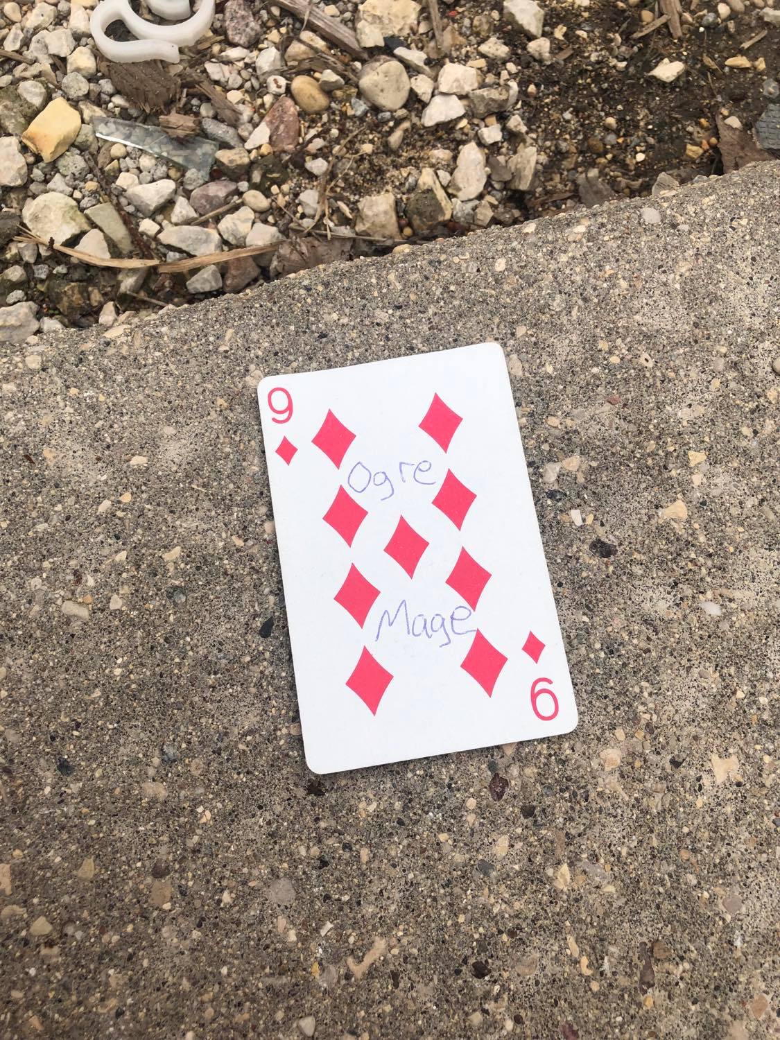 The nine of diamonds, laying on the ground before the creature.