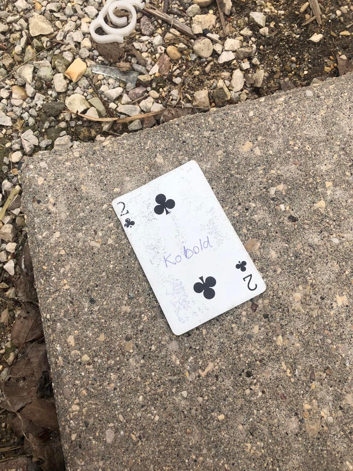 The two of clubs, laying on the ground before the creature.