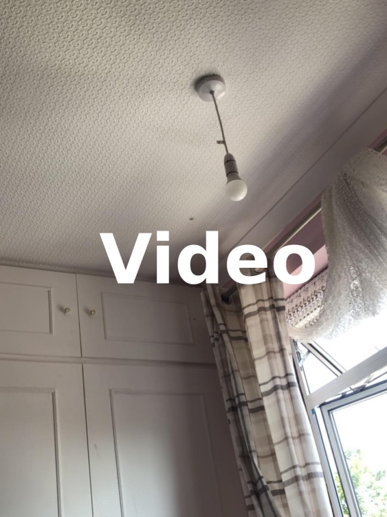 A screenshot from the video, which shows a housefly floating generally near to the light bulb hanging from the ceiling, currently turned off, near the open window.