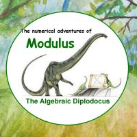 A potential book cover, a diplodocus standing up and two compies kinda standing on a rock and holding up a graph, with the title 'The numerical adventures of Modulus, the algebraic diplodocus'