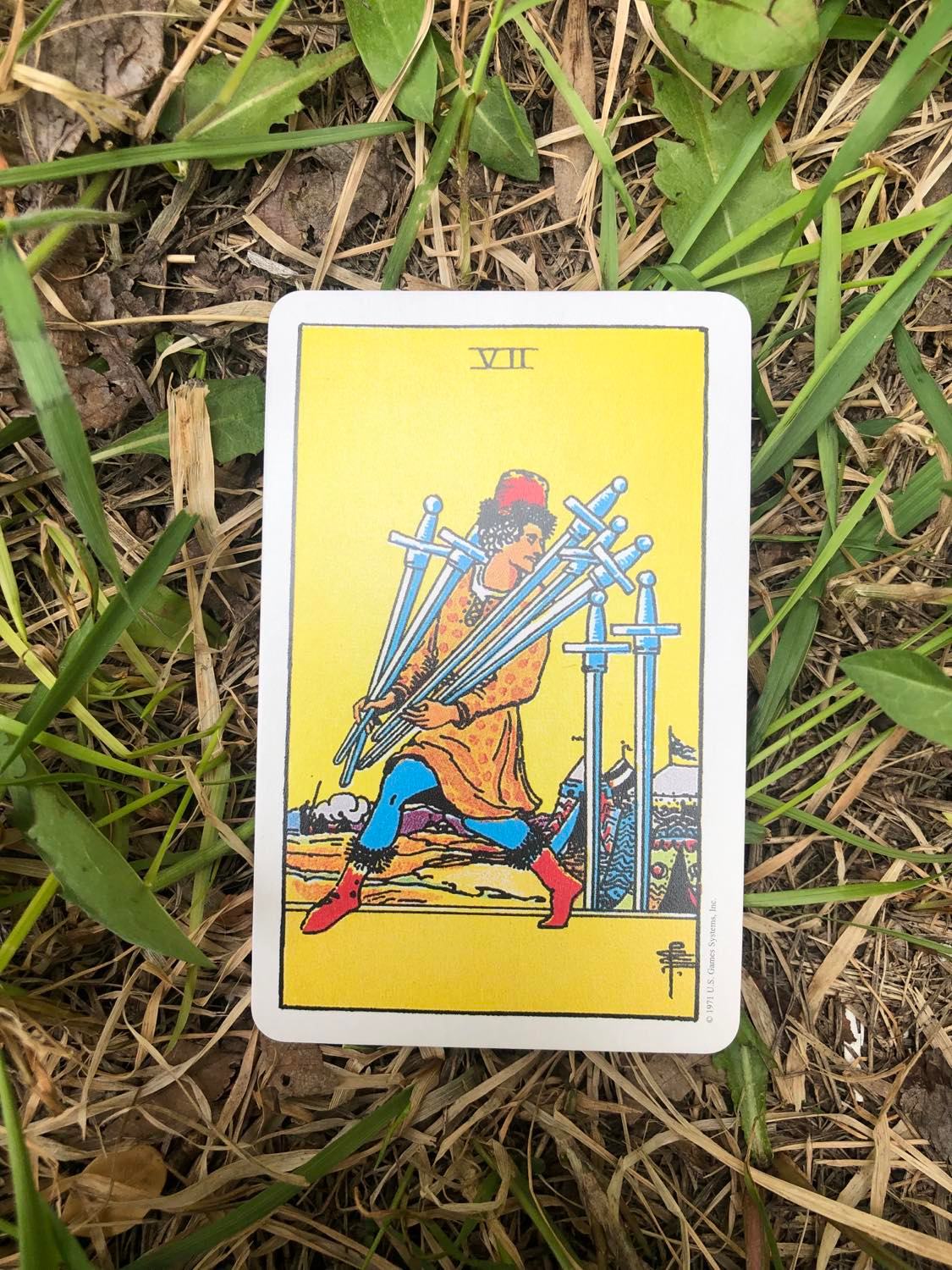 The Seven of Swords, upright, laying in the grass.