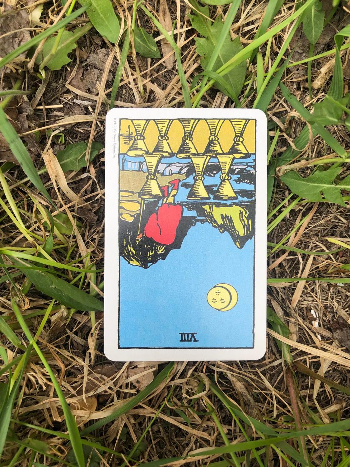 The Eight of Cups, inverted, laying in the grass.