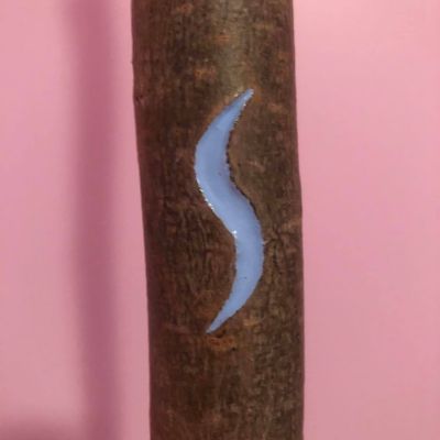 The symbol for Koa carved into a staff, it looks a bit like the letter S, but like stretched upwards