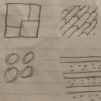 Some block patterns and ring patterns drawn in pencil on a lined paper