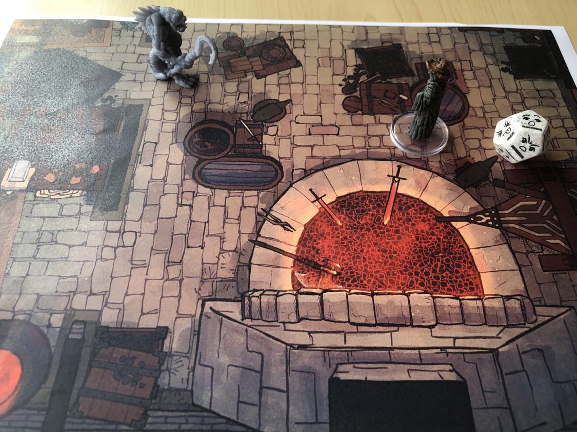 A battle map on a table, inside a blacksmith's forge, a large, grey aquatic Adaro attacks the shop. You must defend the blacksmith from the attack.