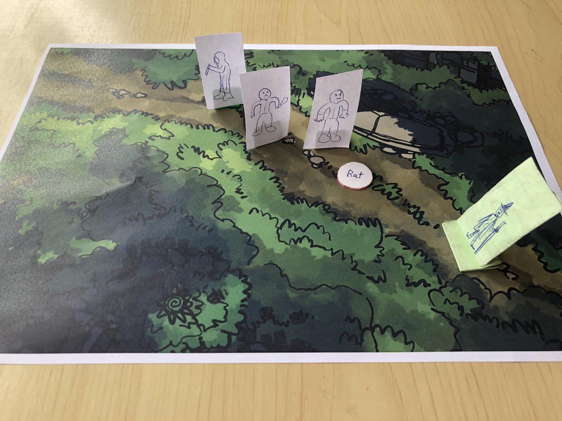 The bandits approach you on the road, but you deftly throw a rat between yourself and the bandits!