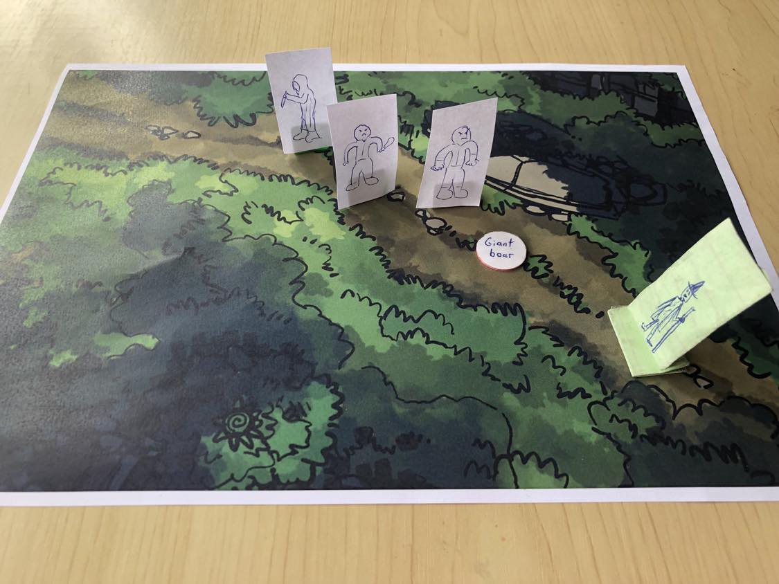 The bandits approach you on the road, but you deftly throw a giant boar between yourself and the bandits!