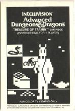 The front cover of the instructions, a black and white pixellated minotaur from the game, with some of the treasures and enemies behind it.