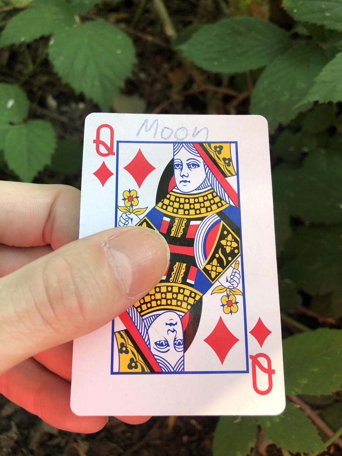 The queen of diamonds with the word Moon written on it, held above the brush.