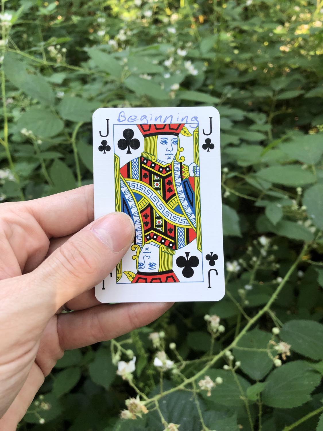 The jack of clubs with the word Beginning written on it, held above the flowers.