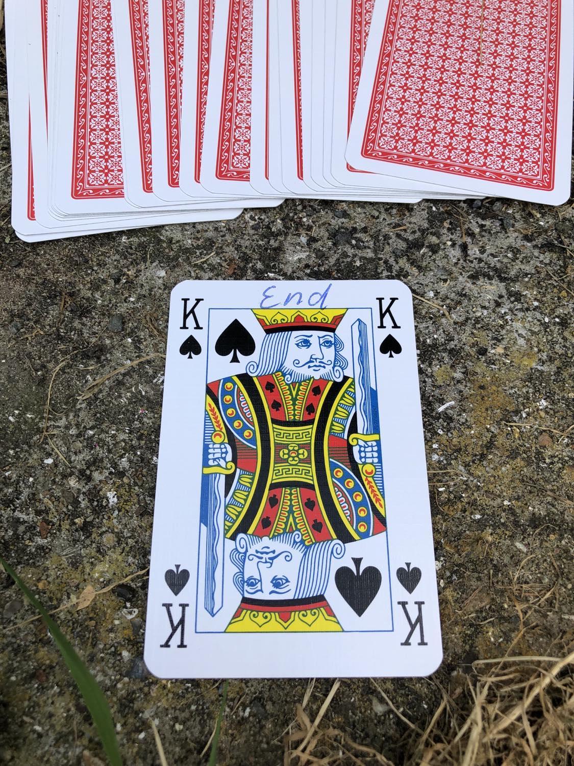 The king of spades with the word End written on it, laying on the bridge support.
