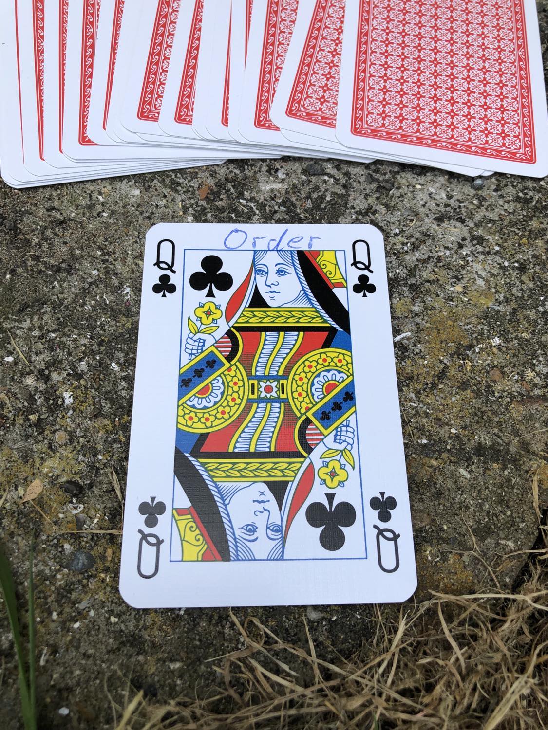 The queen of clubs with the word Order written on it, laying on the bridge support.