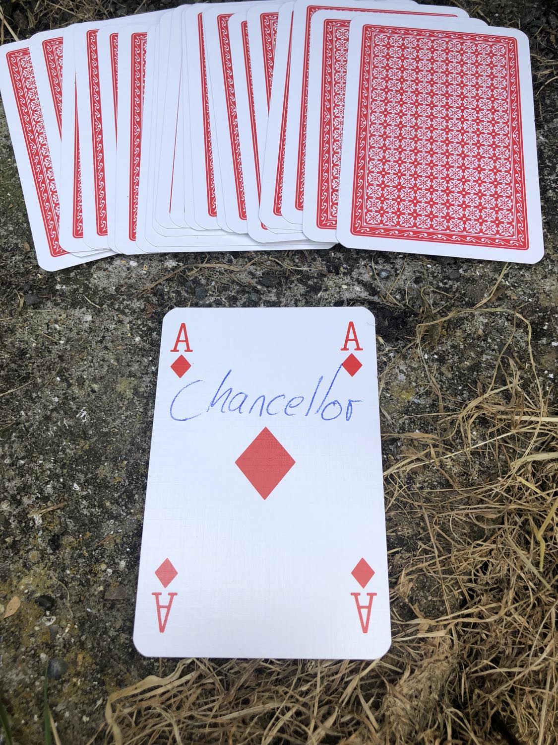 The ace of diamonds with the word Chancellor written on it, laying on the bridge support.