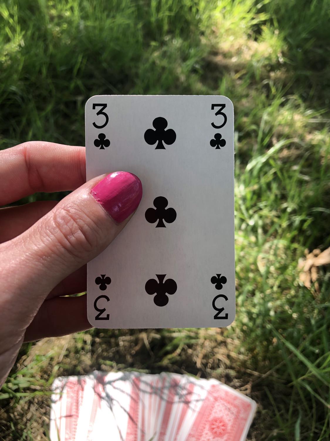 The three of clubs, held up from the drawn out cards.