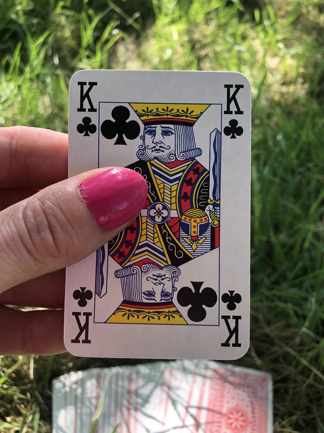 The king of clubs, held up from the drawn out cards.