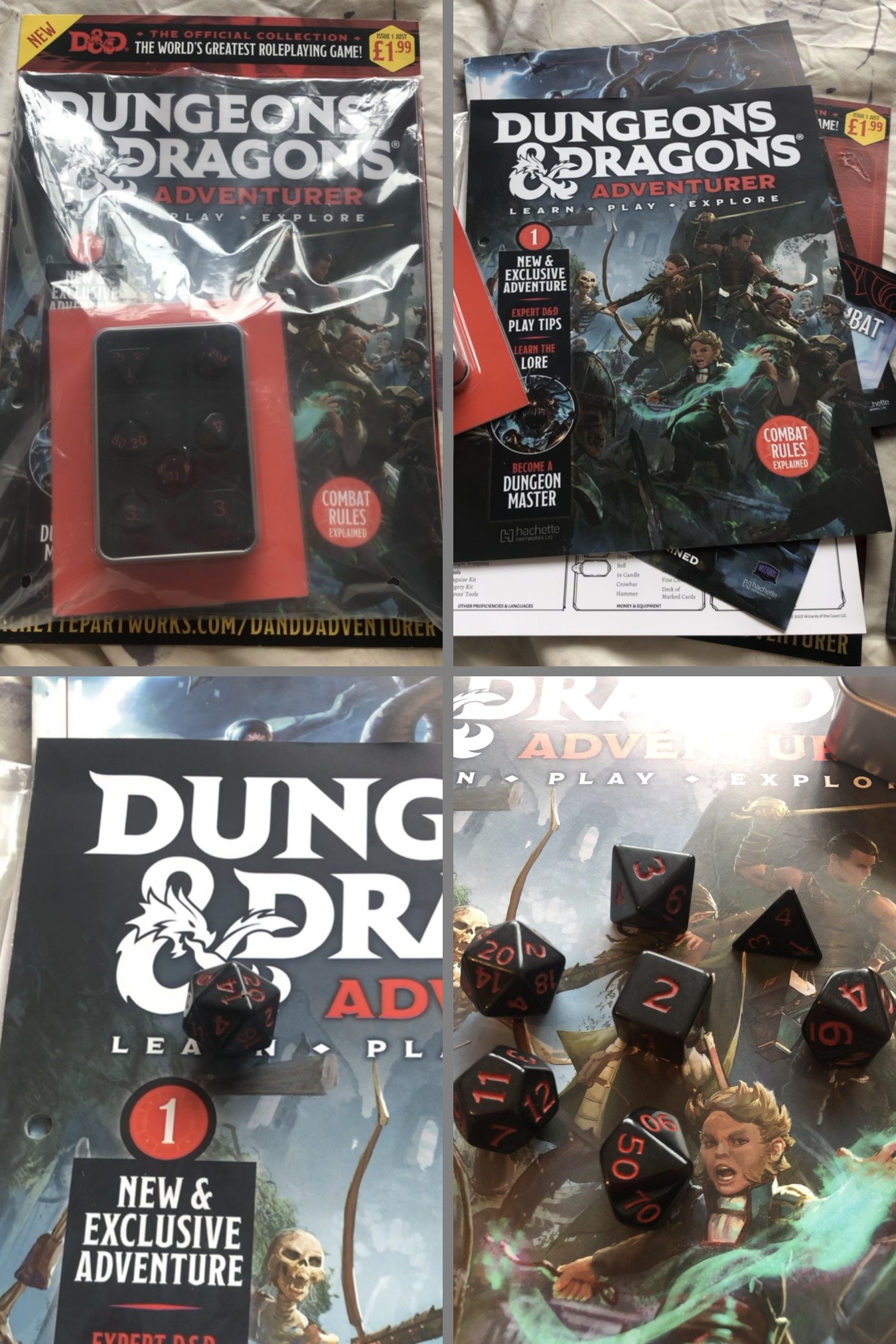 An image split into four pictures, the Dungeons & Dragons magasine issue 1 in its plastic packaging, the magasine removed from the plastic sleeve, the very first dice roll on the cover for the dice that it came with, a 14, and then all 7 dice spread out on the cover, black with red numbering.