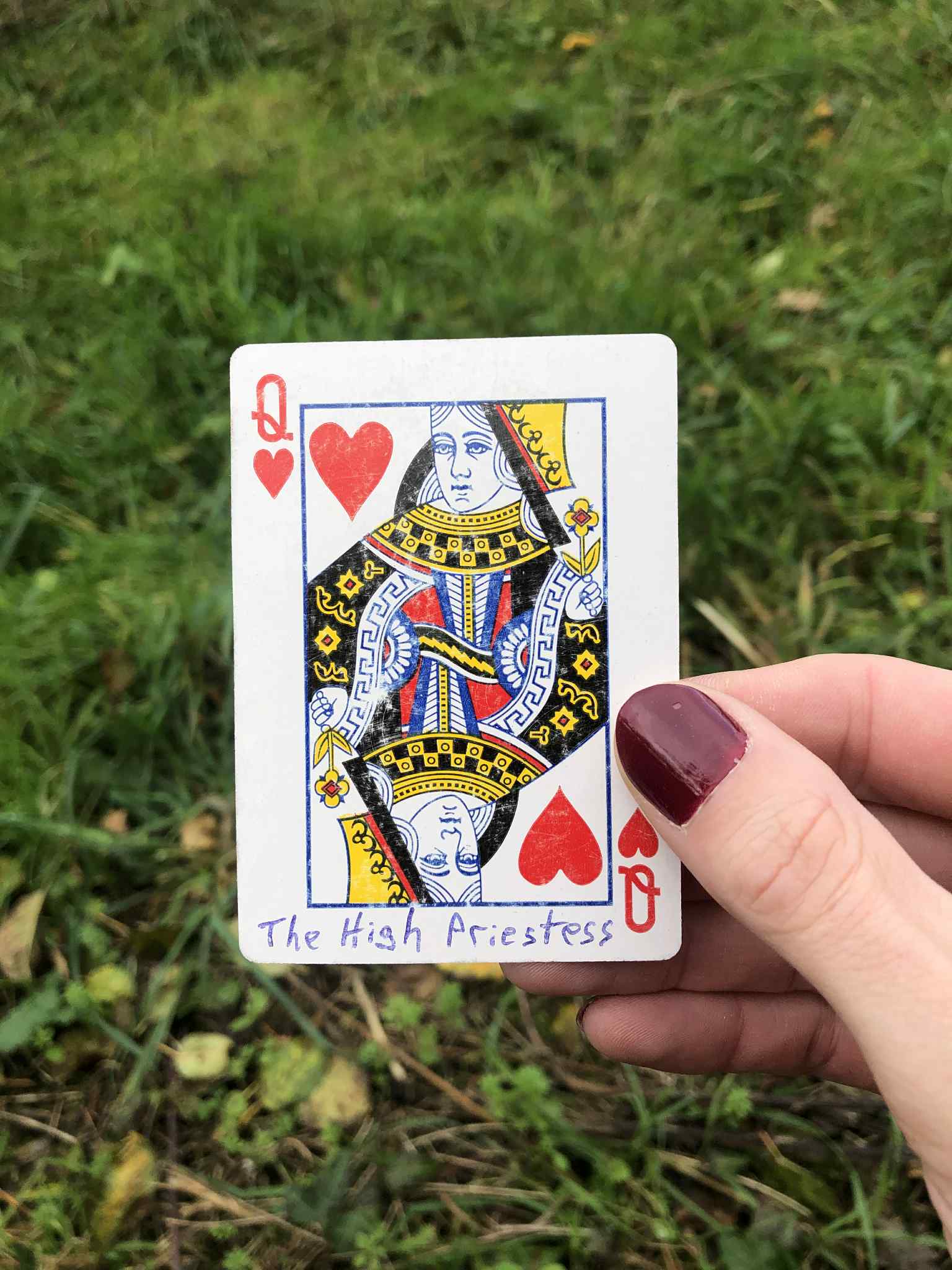 Crouched in the grass, you hold the drawn card before you.
