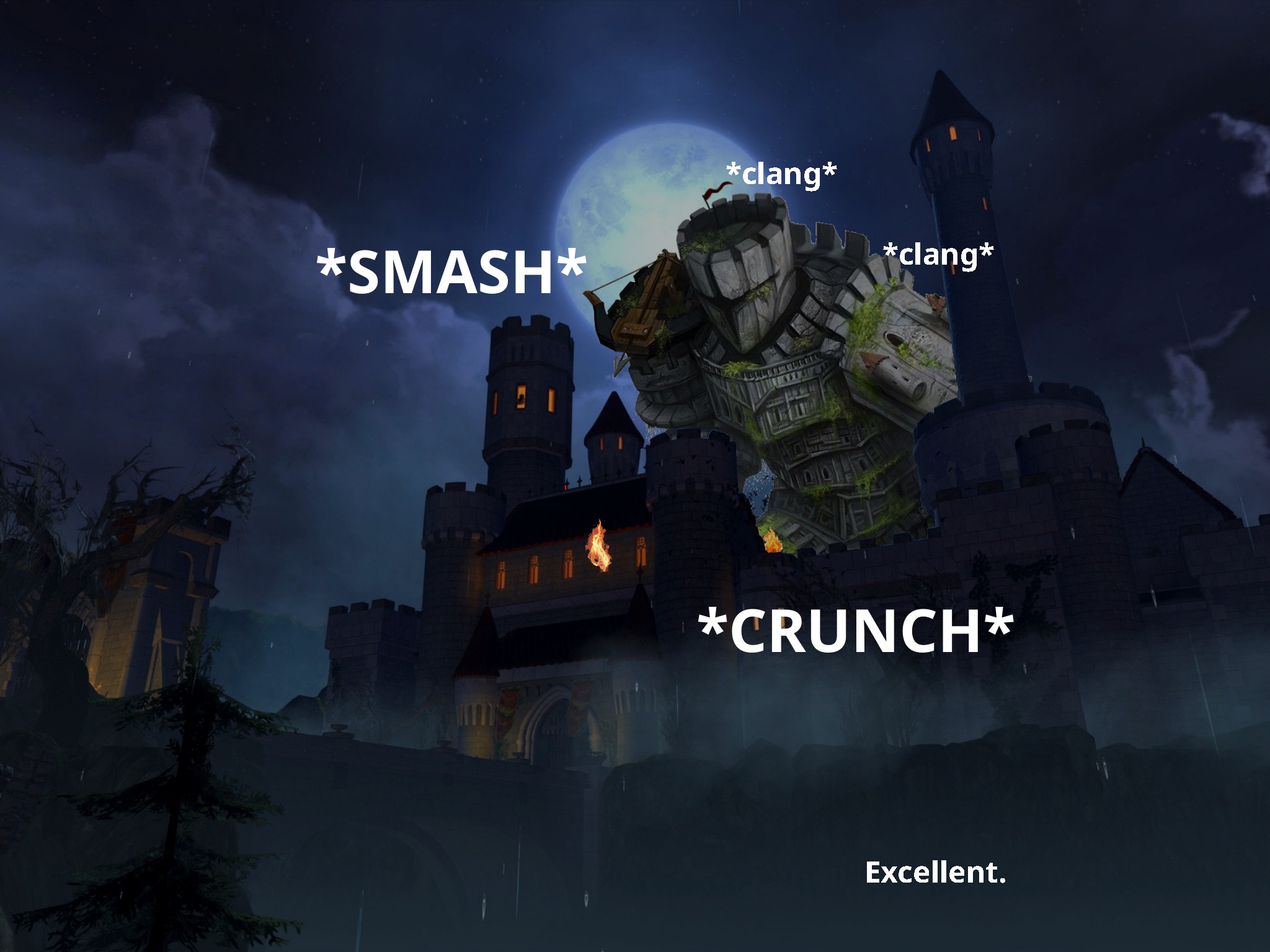 You gaze upon Castle Ravenloft, being ravaged by a giant Colossus, a living, bipedal building of immense size!