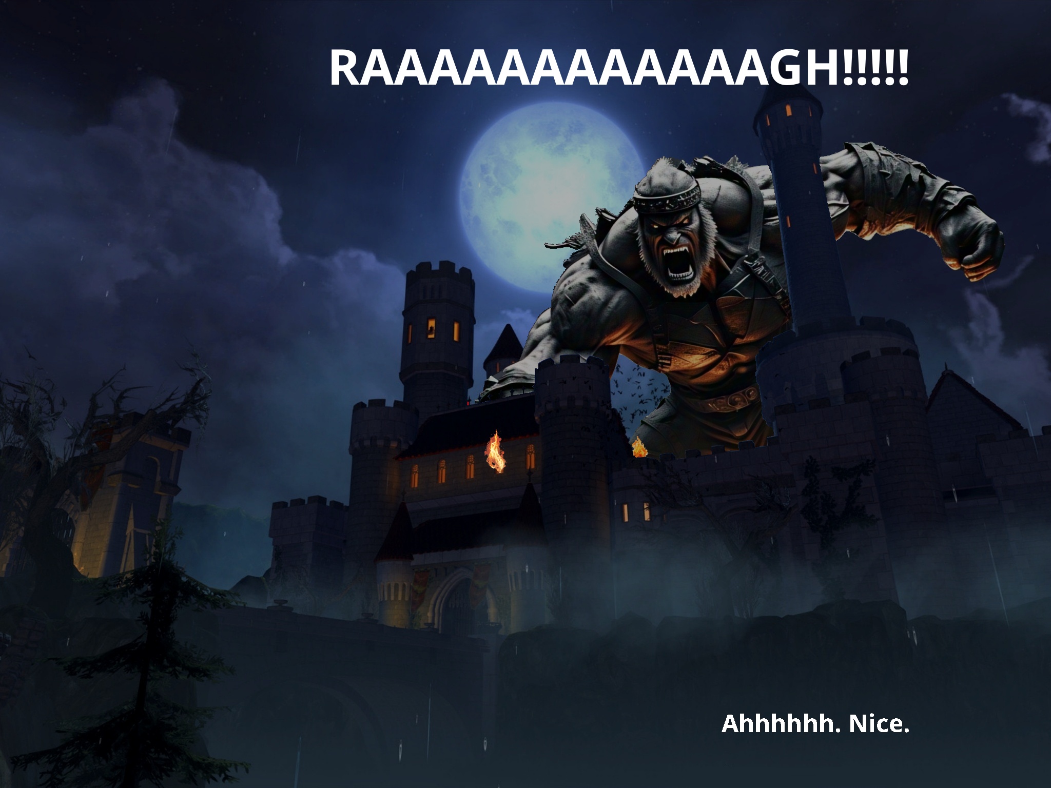 You gaze upon Castle Ravenloft, being ravaged by a massive Empyrean, a massive, terrifying giant!