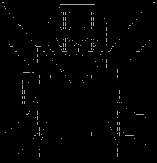 The text-based ascii windmill monster, with large open eyes, gaping, smiling mouth, ragged clothing and its six arms outstretched.